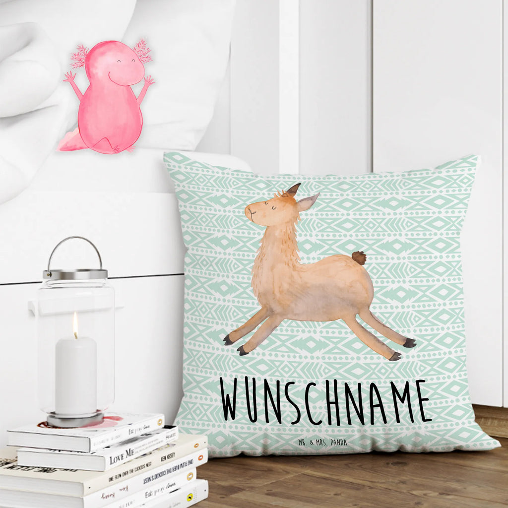 Personalisiertes Kissen Lama springend Name, Kissen, bedrucken, personalisiert, Kopfkissen, Wunschname, Lama, Alpaka, Abitur, Freundin, Glück, Lieblingstag, Happy day, guten Morgen, Lamas, Start, Prüfung, fröhlich, Liebeskummer, Neustart