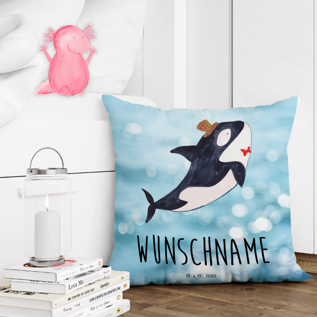 Personalised cushion orca cylinder Seafood, aquatic animals, ocean, sea, fish, shells, corals, reef, whale, narwhal, sea urchin, lobster, platypus, turtle, manatee, crocodile, orca, shrimp, gifts for seafood lovers, water world, underwater animals, underwater world, vacation, deep sea, seafood fans, gift ideas, seafood decoration, seafood posters, confetti, party, glitter, celebration, birthday, congratulations, feast