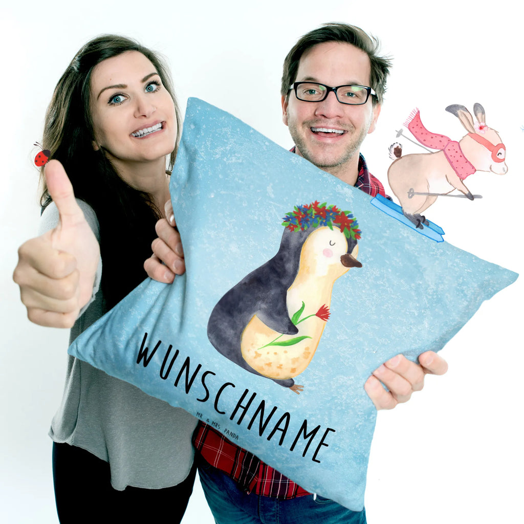 Personalisiertes Kissen Pinguin Blumenkranz Kopfkissen, Bedrucken, Name, Kissen, Wunschname, Personalisiert, Pinguin, Pinguine, Blumenkranz, Ziele, Lebensziele, Lebenslust, Liebeskummer, Leben, Universum, Geschenkidee, Wünsche, Motivation