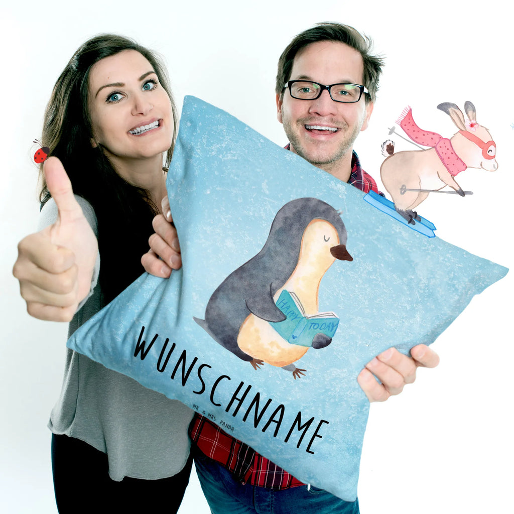 Personalisiertes Kissen Pinguin Buch Wunschname, Name, bedrucken, Kopfkissen, personalisiert, Kissen, Pinguin, Urlaub, Nichtstun, Ferien, Faulenzen, Bücherwurm, Freizeit, Buch, Lesen, Pinguine