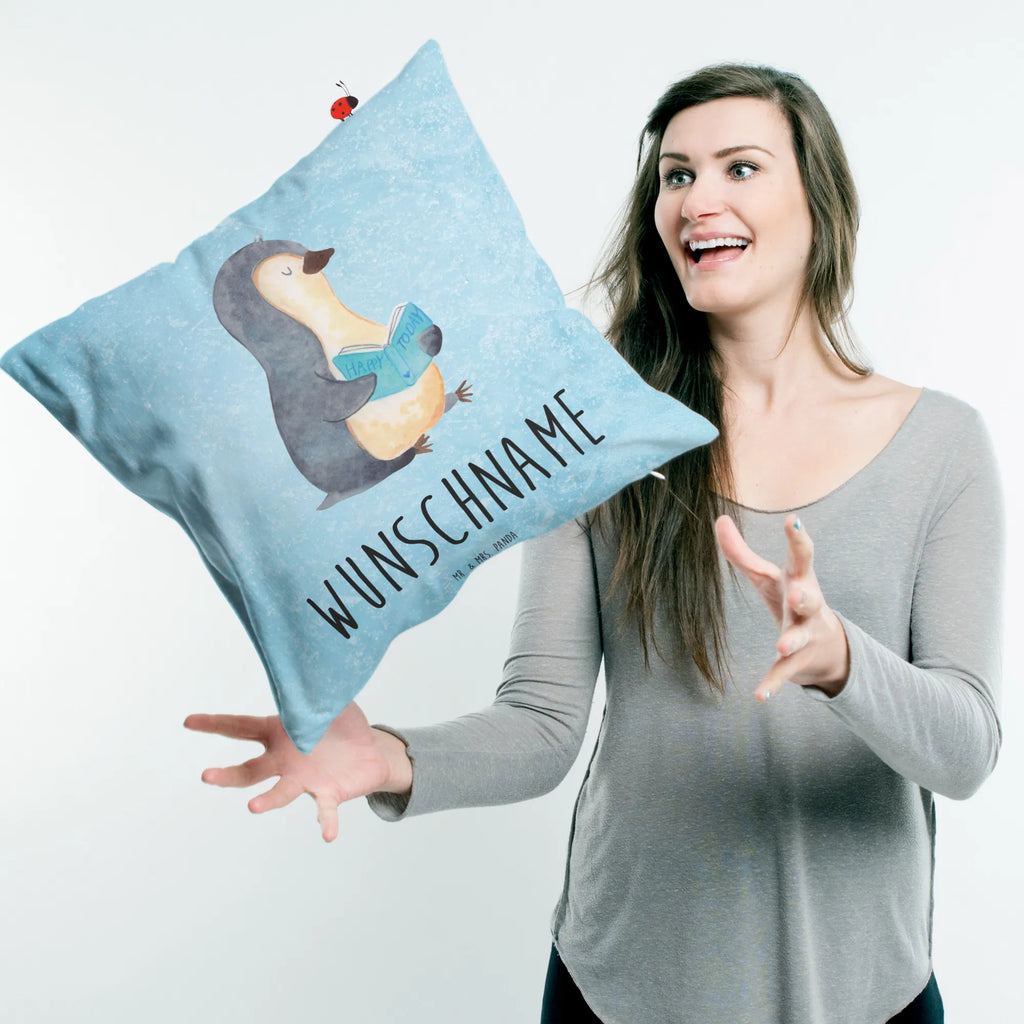 Personalisiertes Kissen Pinguin Buch Wunschname, Name, bedrucken, Kopfkissen, personalisiert, Kissen, Pinguin, Urlaub, Nichtstun, Ferien, Faulenzen, Bücherwurm, Freizeit, Buch, Lesen, Pinguine