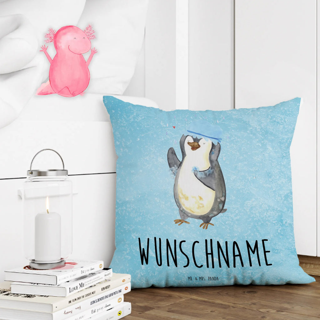 Personalisiertes Kissen Pinguin duscht Kissen, Kopfkissen, Wunschname, Name, bedrucken, personalisiert, Pinguin, Pinguine, Neuanfang, Lebensmotto, duschen, Neustart, Motivation, glücklich sein, Dusche