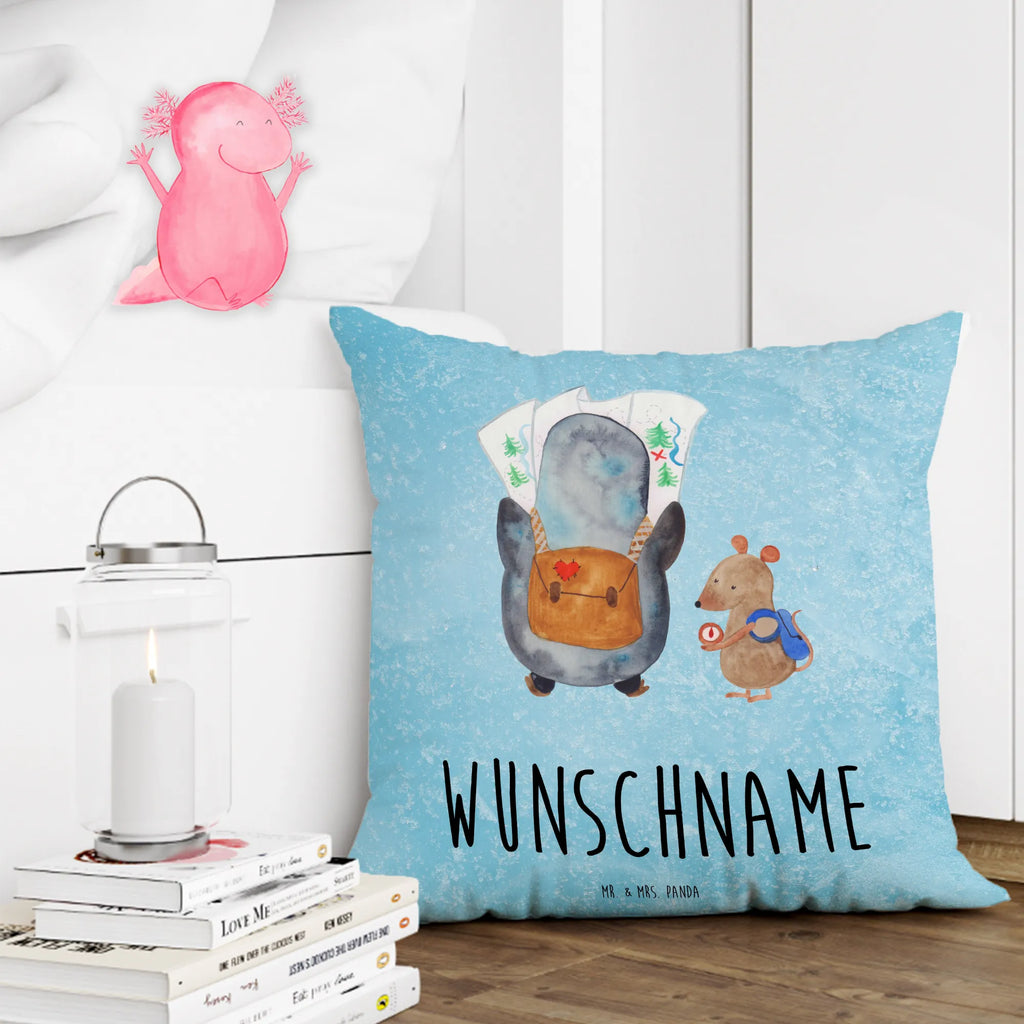 Personalised cushion Penguin & Mouse Hiker Penguin, North Pole, Winter, Penguins, adventurer, excursion, penguins, hiking, road trip, penguin, adventure, wanderlust