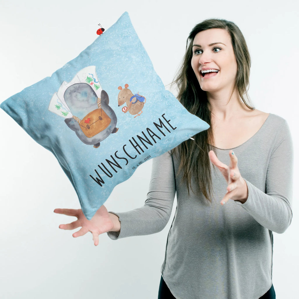 Personalised cushion Penguin & Mouse Hiker Penguin, North Pole, Winter, Penguins, adventurer, excursion, penguins, hiking, road trip, penguin, adventure, wanderlust