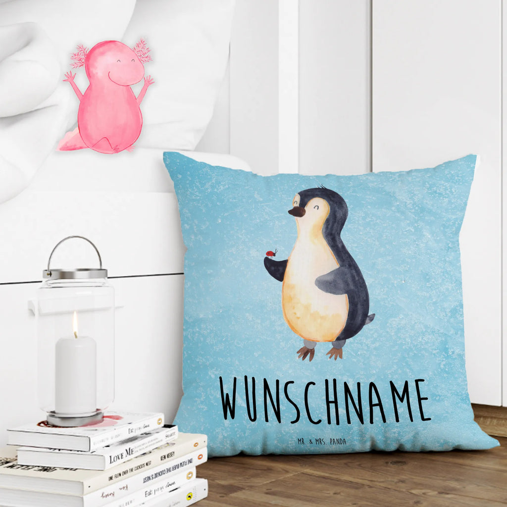 Personalisiertes Kissen Pinguin Marienkäfer Kopfkissen, Bedrucken, Wunschname, Name, Personalisiert, Kissen, Pinguin, Glück, Pinguine, Lebensfreude, Liebe, Wunder, Marienkäfer, Freude