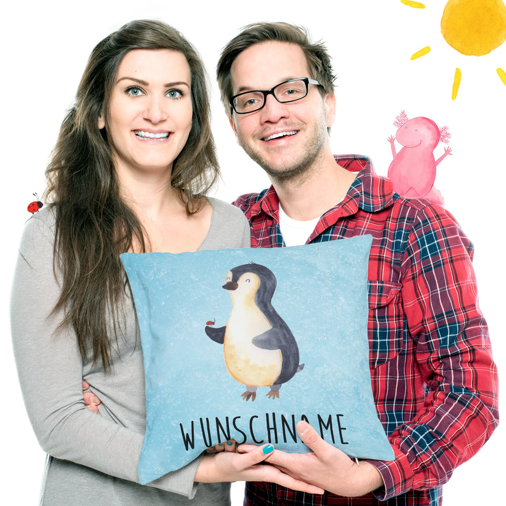Personalisiertes Kissen Pinguin Marienkäfer Kopfkissen, Bedrucken, Wunschname, Name, Personalisiert, Kissen, Pinguin, Glück, Pinguine, Lebensfreude, Liebe, Wunder, Marienkäfer, Freude