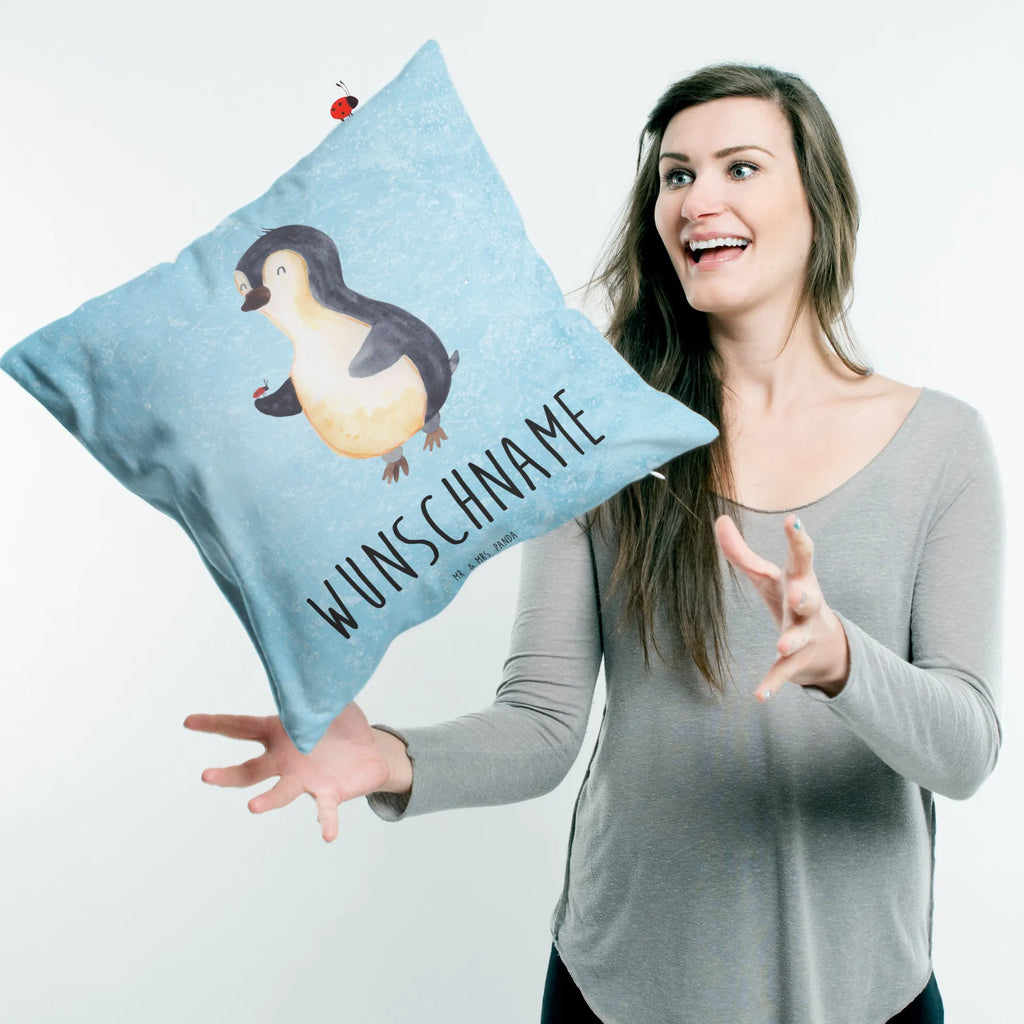 Personalisiertes Kissen Pinguin Marienkäfer Kopfkissen, Bedrucken, Wunschname, Name, Personalisiert, Kissen, Pinguin, Glück, Pinguine, Lebensfreude, Liebe, Wunder, Marienkäfer, Freude
