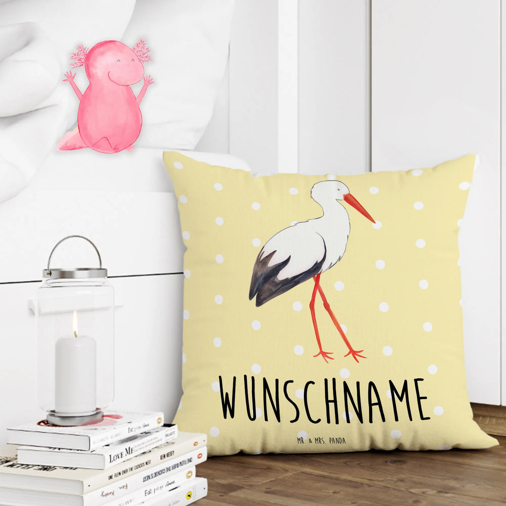 Personalisiertes Kissen Storch Wunschname, personalisiert, Kissen, Kopfkissen, Name, bedrucken, Tiermotive, Gute Laune, lustige Sprüche, Tiere, Baby, Geburt, Mutter, Störche, Schwangerschaft, Schwanger, Storch, Babybauch, Mütter, Mutter werden