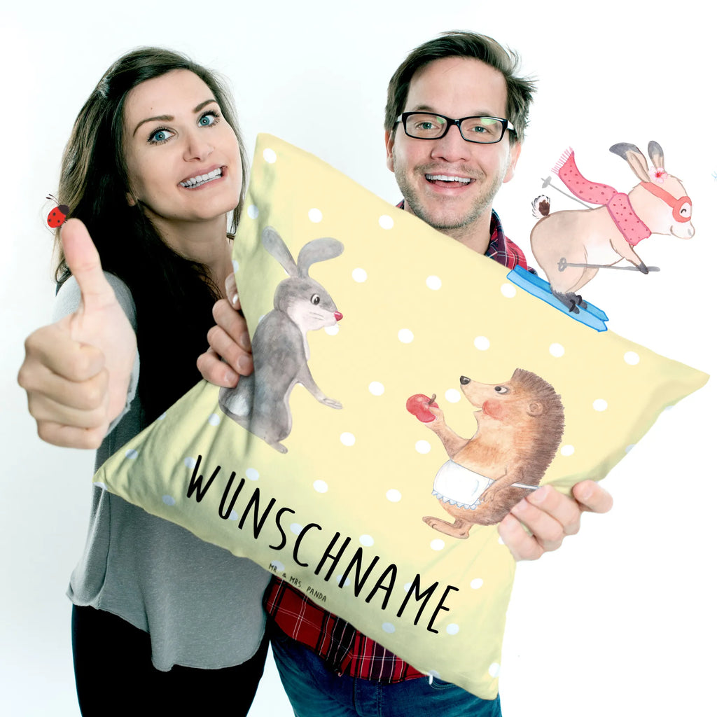 Personalised cushion Hare Hedgehog small animals, cute, funny, cute animal motives, hand drawn, small world, funny sayings, good mood, happy, gifts, gift ideas, special gifts, animal lover, card, lovesickness gift, hare, love saying, consolation, romantic saying, heartache, Hedgehog, pain of separation, Hedgehog and hare