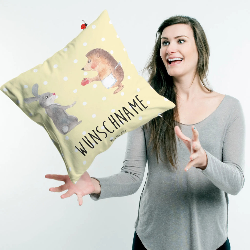 Personalised cushion Hare Hedgehog small animals, cute, funny, cute animal motives, hand drawn, small world, funny sayings, good mood, happy, gifts, gift ideas, special gifts, animal lover, card, lovesickness gift, hare, love saying, consolation, romantic saying, heartache, Hedgehog, pain of separation, Hedgehog and hare