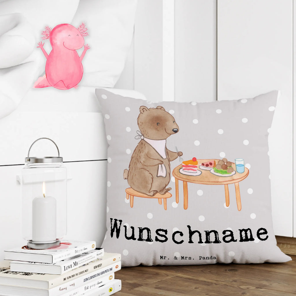 Personalisiertes Kissen Bär Essen gehen Wunschname, Name, Kopfkissen, personalisiert, bedrucken, Kissen, Geschenk, Sport, Sportart, Hobby, Schenken, Danke, Dankeschön, Auszeichnung, Gewinn, Sportler, Essen, Restaurantbesuch, Restaurant, Essen gehen