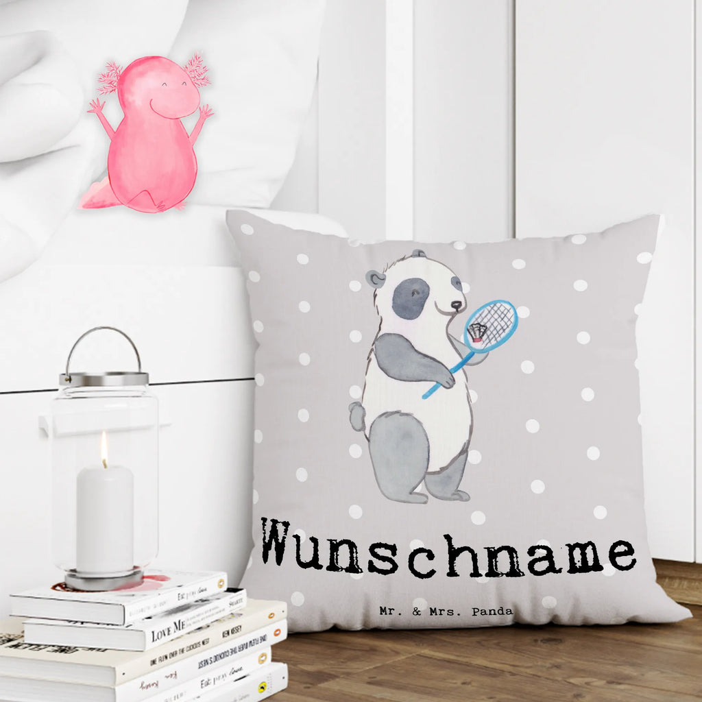 Personalised cushion panda badminton Gift, sport, hobby, giving, thank you, award, profit, athlete, Badminton, play badminton