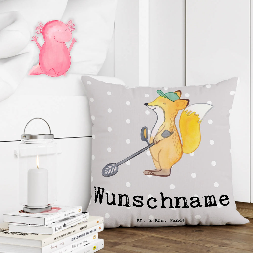 Personalised cushion Fox metal detector Gift, sport, hobby, giving, thank you, award, profit, athlete, treasure hunt, probe walker, probe, look for coins, Metal detector