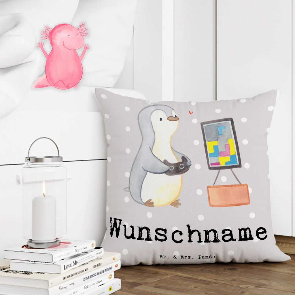 Personalisiertes Kissen Pinguin Zocken Kissen, Wunschname, bedrucken, personalisiert, Kopfkissen, Name, Geschenk, Sport, Sportart, Hobby, Schenken, Danke, Dankeschön, Auszeichnung, Gewinn, Sportler, Videospiele, Zocken, Videogames, Gaming