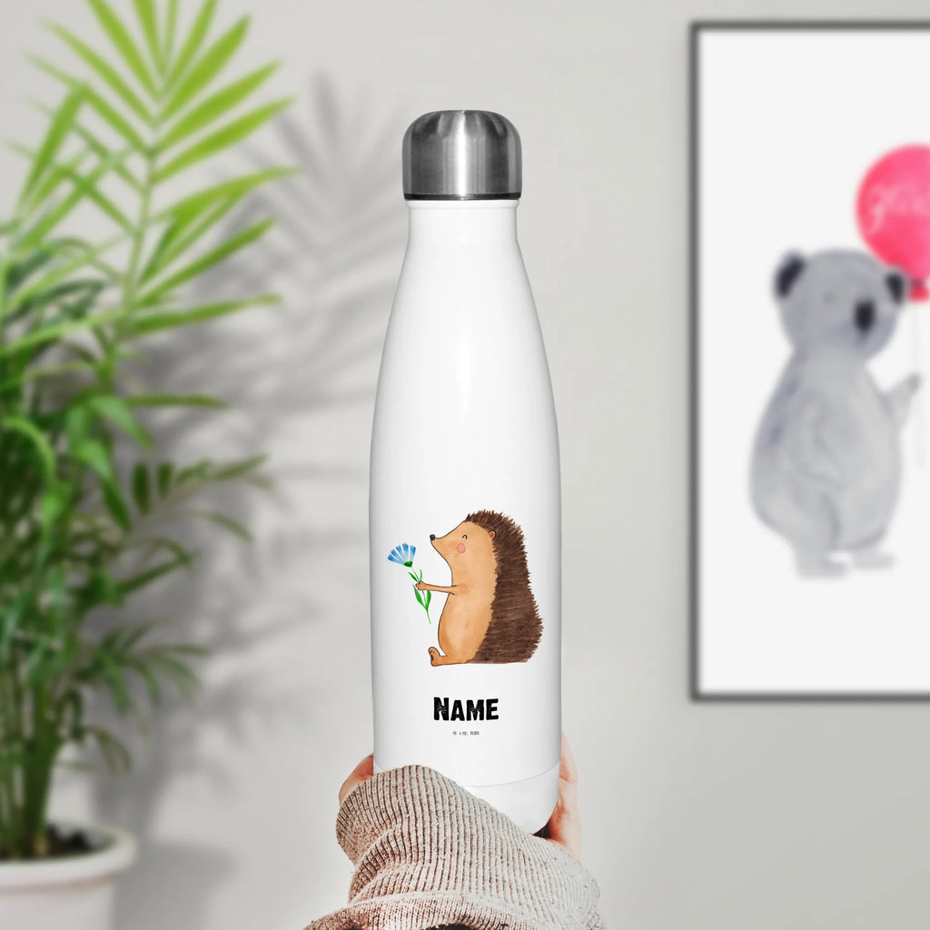 Personalised insulated bottle Hedgehog Flower small animals, cute, funny, cute animal motives, hand drawn, small world, funny sayings, good mood, happy, gifts, gift ideas, special gifts, animal lover, card, recovery wishes, get well soon, illness, hedgehog, sick, hospital, visit