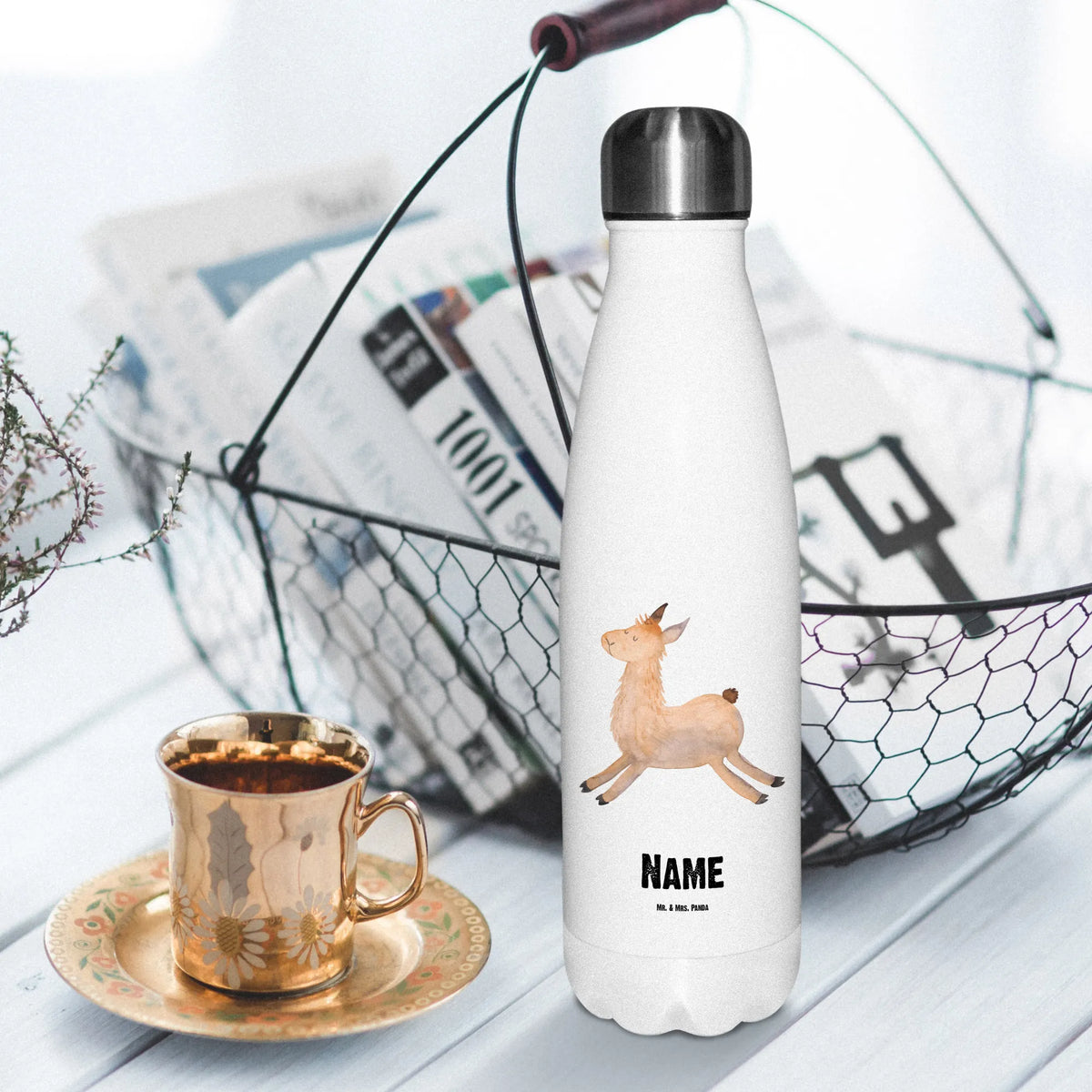 Personalised insulated bottle lama Jump Llama, llama, alpaca, trendy animal, luck, start, graduation, girlfriend, new start, exam, heartache, favourite day, happy day, llamas, happy, good morning, Lama