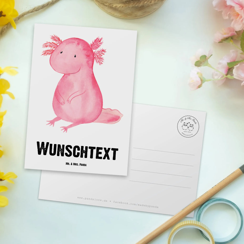 Personalisierte Postkarte Axolotl Ansichtskarte mit Namen, Geschenkkarte mit Wunschtext, Ansichtskarte mit Wunschtext, Grußkarte mit Namen, Postkarte bedrucken, Postkarte personalisierbar, Einladung mit Wunschtext, Grußkarte mit Wunschtext, Geschenkkarte mit Namen, Einladung mit Namen, Postkarte mit Namen, Karte mit Namen, Postkarte mit Wunschtext, Karte mit Wunschtext, Axolotl, Molch, fröhlich, Lebensstil, Freundin, Weisheit, vergnügt, Lebensweisheit, zufrieden, Axolot, Liebe