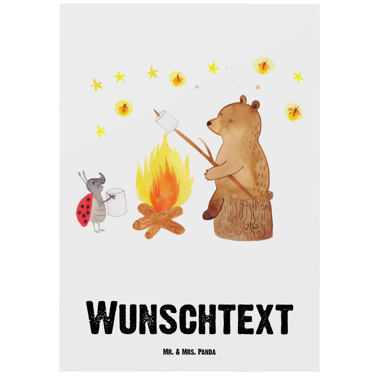 Personalised postcard Bear & Ladybird campfire bear, teddy, teddy bear, cuddly toy, Campfire