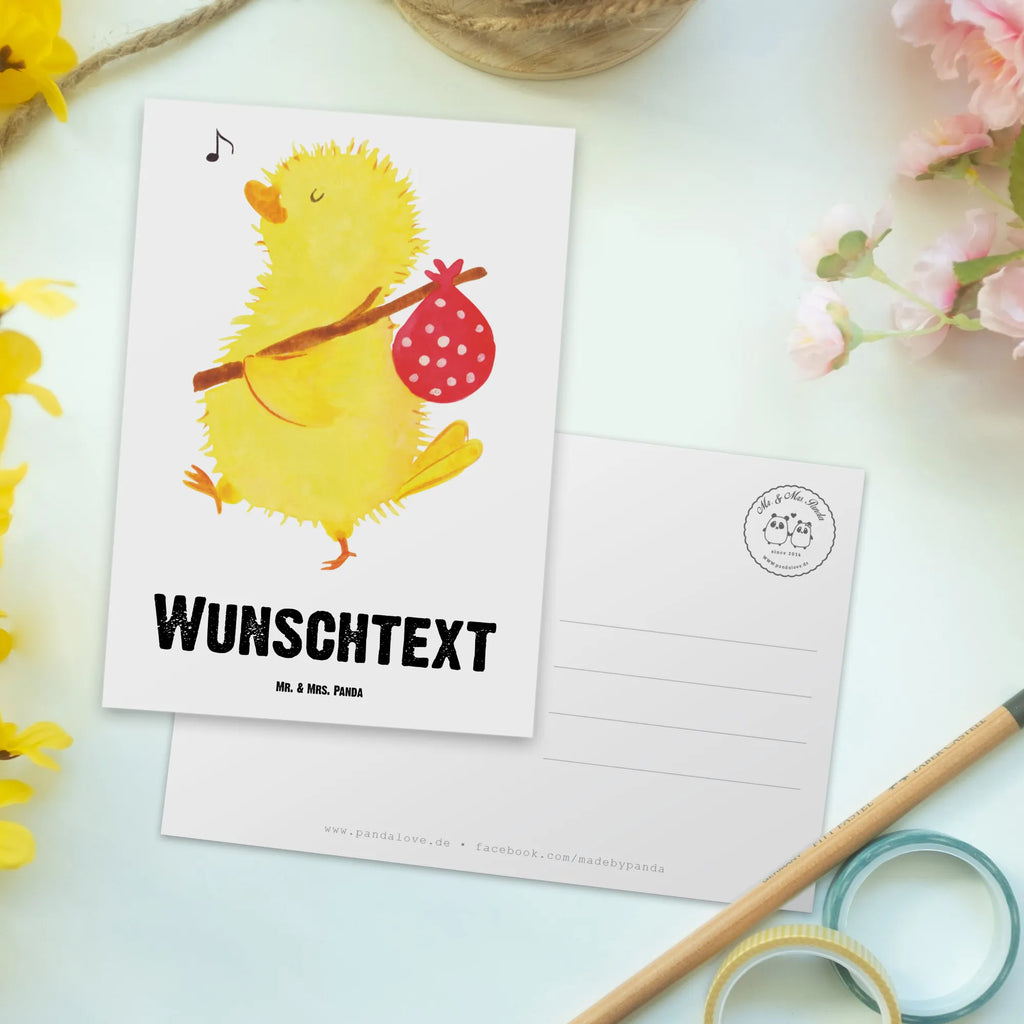 Personalised postcard chick wander Easter, Easter bunny, time, miracles, time management, globetrotters, travelling, backpacker, nonsense, chick, joy, love, greetings, egg, Easter greetings, spring fever, happy Easter, Easter eggs, Easter egg