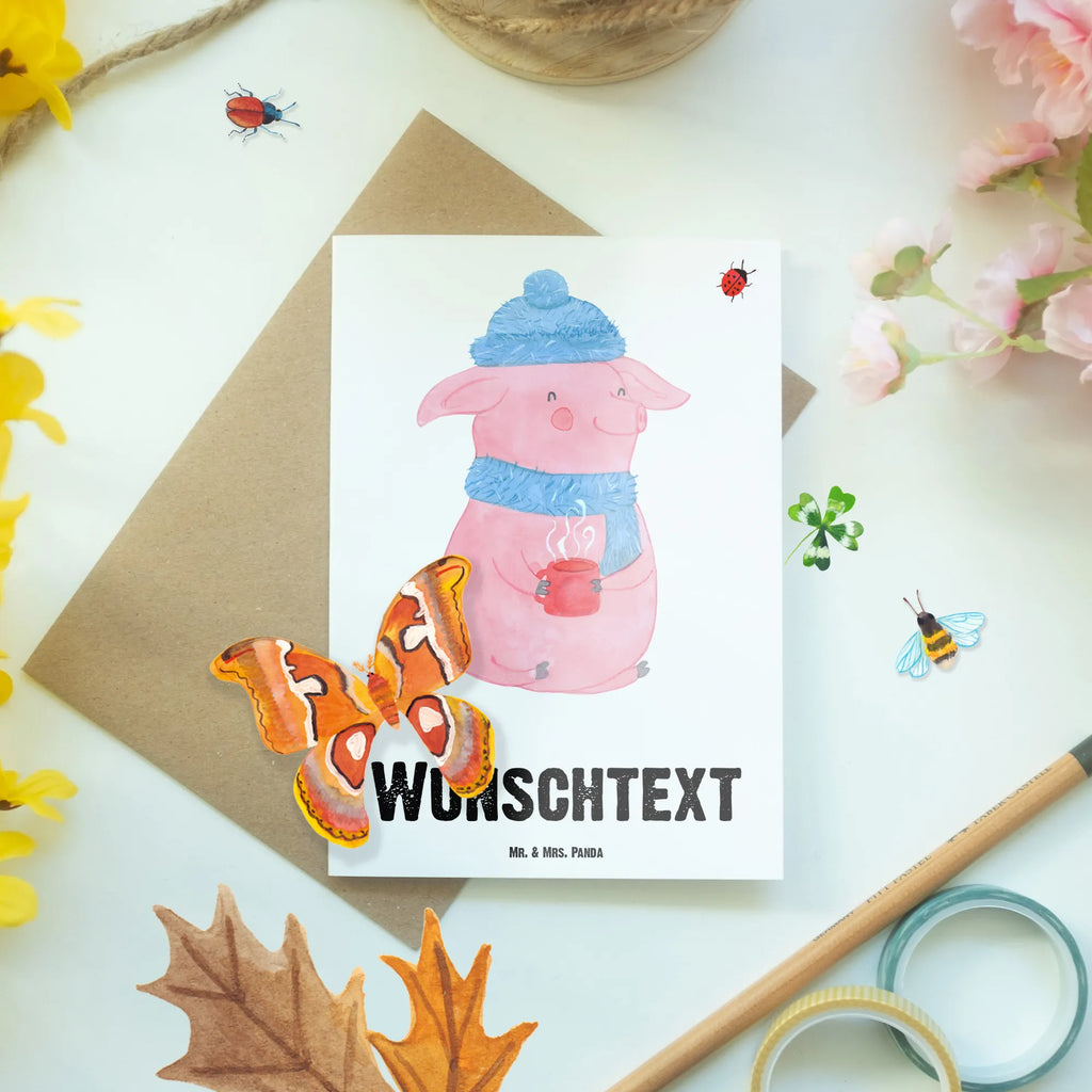 Spersonalizowana kartka z życzeniami świnia grzane wino Zima, Boże Narodzenie, dekoracje świąteczne, Mikołaj, Adwent, Wigilia, zimowy motyw