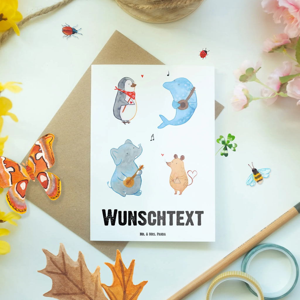 Personalised greetings card Big tape small animals, cute, funny, cute animal motives, hand drawn, small world, funny sayings, good mood, happy, gifts, gift ideas, special gifts, animal lover, card, guitar, band, dolphin, dog, musicians, penguin, mouse, elephant, music, triangle