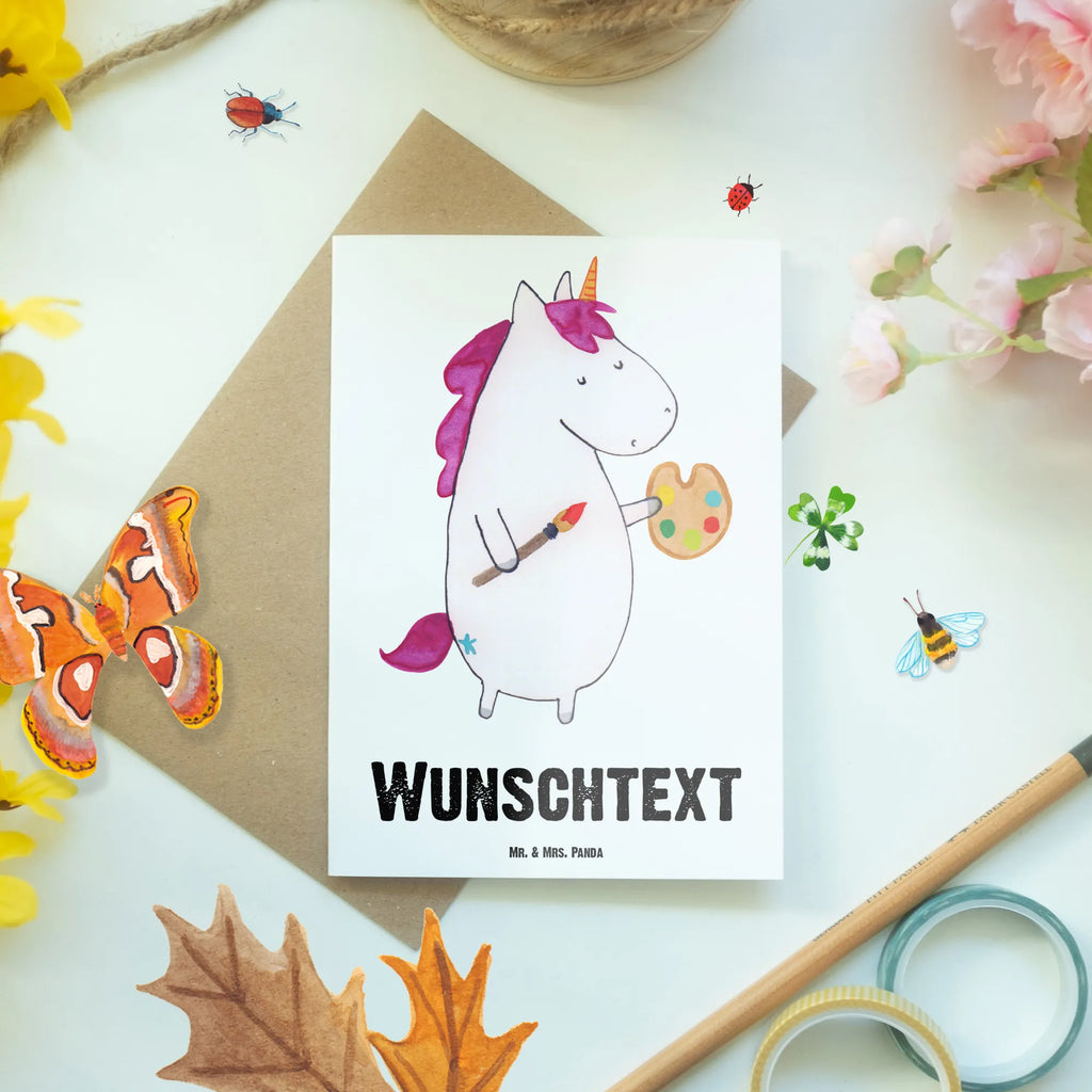 Personalisierte Grußkarte Einhorn Künstler Personalisierte Karte, Personalisierte Grußkarte, Grußkarte als Geldgeschenk, Personalisierte Geburtstagskarte, Grußkarte selber drucken, Personalisiertere Klappkarte, Grußkarten personalisiert, Personalisierte Einladungskarte, Grußkarte selbst gestalten, Grußkarte mit Namen, Personalisierte Hochzeitskarte, Personalisierte Glückwunschkarte, Grußkarte mit persönlichen Nachrichten, Einhorn, Einhörner, Einhorn Deko, Unicorn, Pinsel, Zeichnen, Artist, Maler, Englisch, Welt, Geschenk, Farbe, Malen, Künstler, Stift
