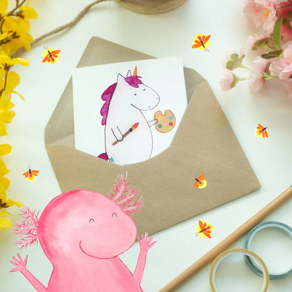 Personalisierte Grußkarte Einhorn Künstler Personalisierte Karte, Personalisierte Grußkarte, Grußkarte als Geldgeschenk, Personalisierte Geburtstagskarte, Grußkarte selber drucken, Personalisiertere Klappkarte, Grußkarten personalisiert, Personalisierte Einladungskarte, Grußkarte selbst gestalten, Grußkarte mit Namen, Personalisierte Hochzeitskarte, Personalisierte Glückwunschkarte, Grußkarte mit persönlichen Nachrichten, Einhorn, Einhörner, Einhorn Deko, Unicorn, Pinsel, Zeichnen, Artist, Maler, Englisch, Welt, Geschenk, Farbe, Malen, Künstler, Stift
