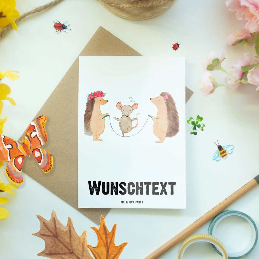 Personalised greetings card Hedgehog skipping small animals, cute, funny, cute animal motives, hand drawn, small world, funny sayings, good mood, happy, gifts, gift ideas, special gifts, animal lover, card, children, kindergarten, mouse, hedgehog, rope skipping