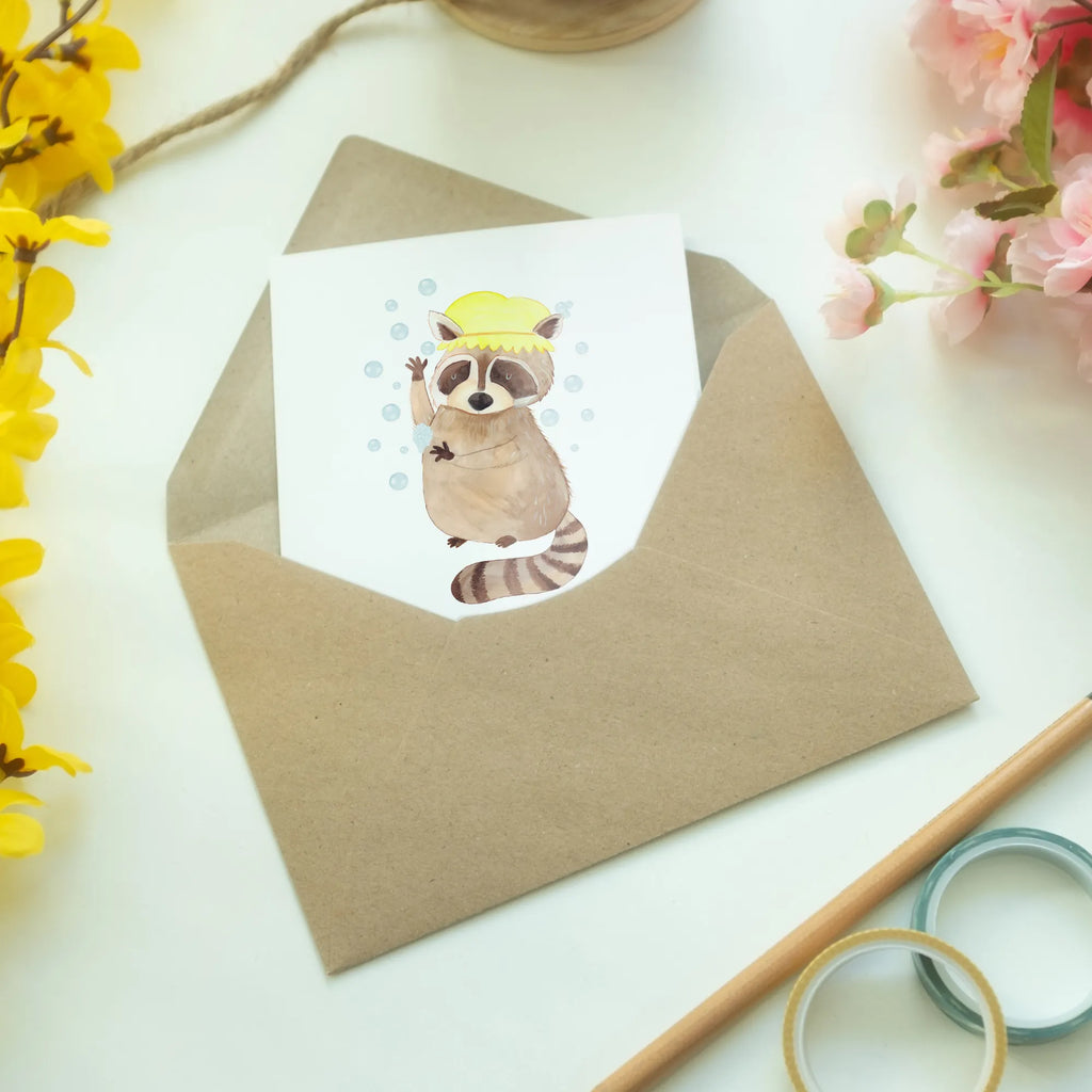 Personalised greetings card Raccoon small animals, cute, funny, cute animal motives, hand drawn, small world, funny sayings, good mood, happy, gifts, gift ideas, special gifts, animal lover, card, daydreaming, soap bubbles, raccoon, wash, plan