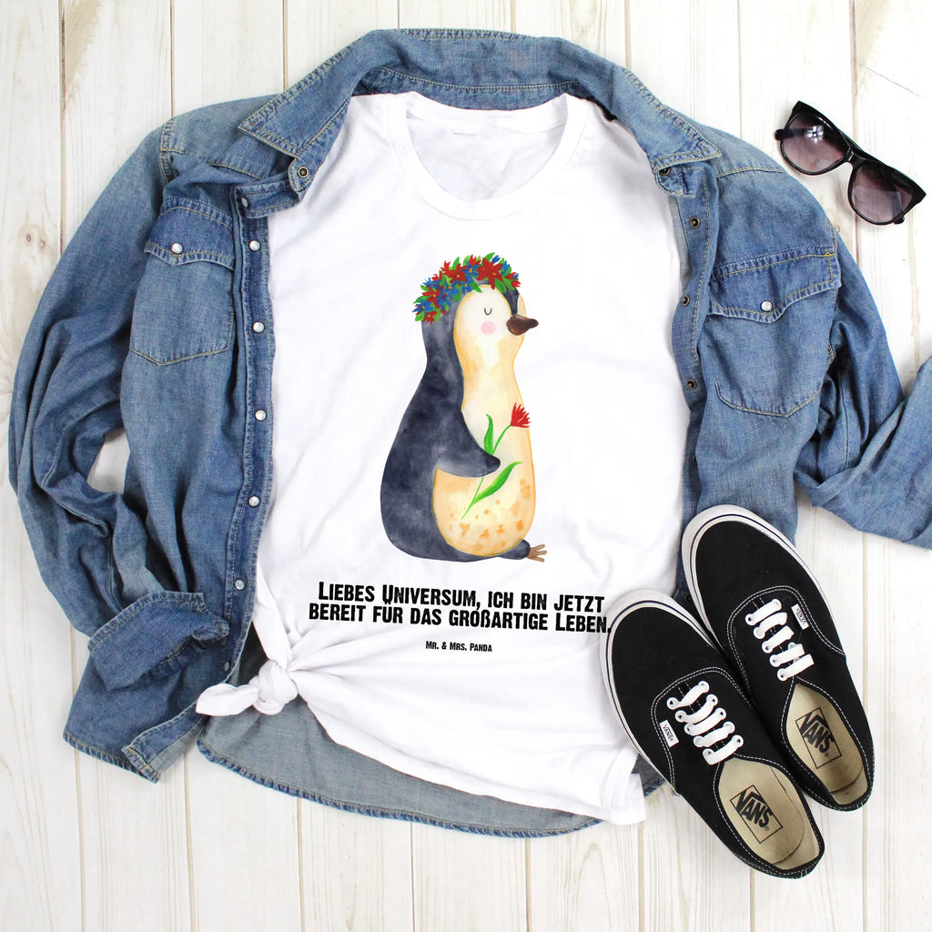 Personalisiertes T-Shirt Pinguin Blumenkranz T-Shirt mit Namen, Frauen, T-Shirt Personalisiert, Männer, T-Shirt mit Aufruck, Wunschtext, Bedrucken, Pinguin, Liebeskummer, Lebenslust, Motivation, Pinguine, Wünsche, Ziele, Geschenkidee, Lebensziele, Blumenkranz, Leben, Universum
