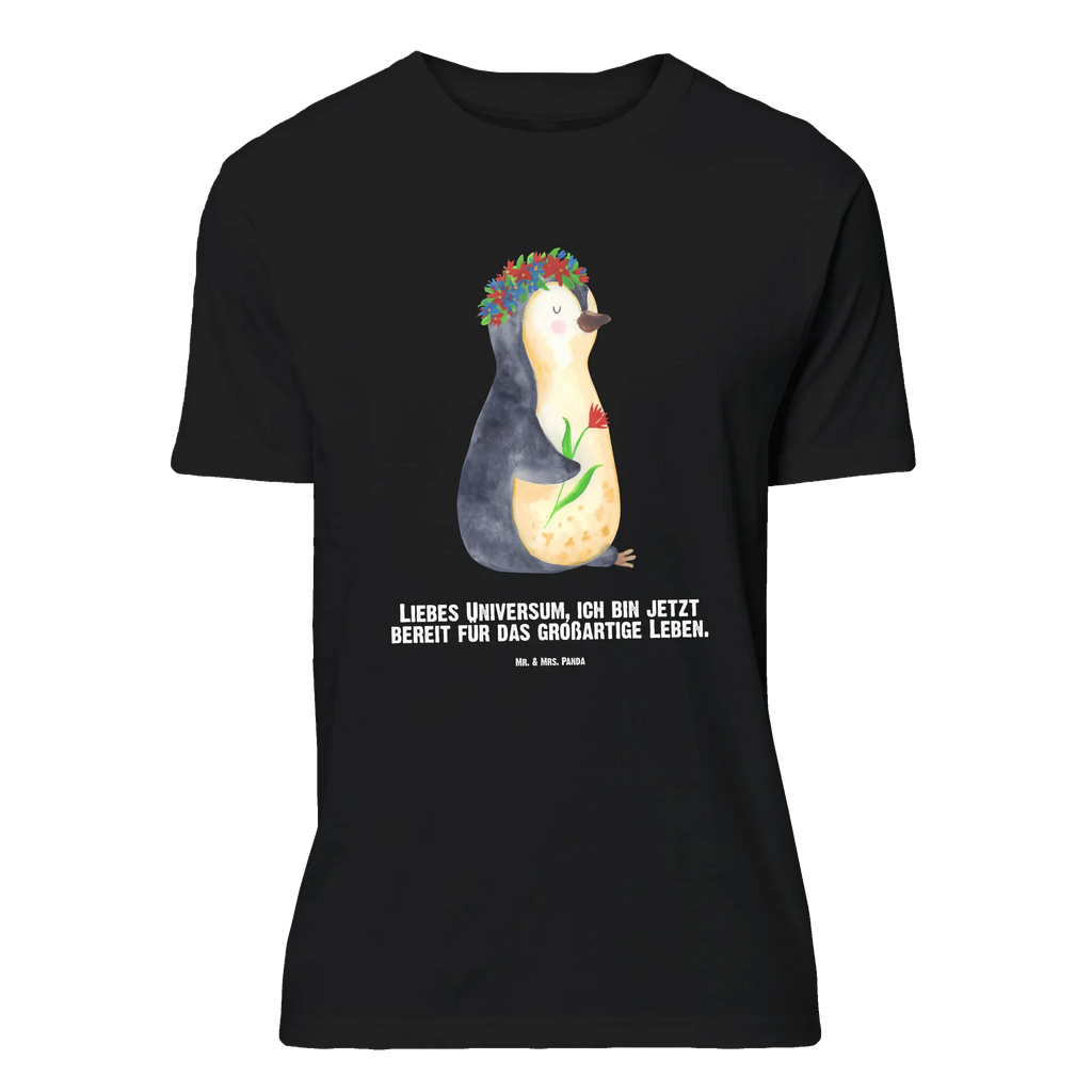 Personalisiertes T-Shirt Pinguin Blumenkranz T-Shirt mit Namen, Frauen, T-Shirt Personalisiert, Männer, T-Shirt mit Aufruck, Wunschtext, Bedrucken, Pinguin, Liebeskummer, Lebenslust, Motivation, Pinguine, Wünsche, Ziele, Geschenkidee, Lebensziele, Blumenkranz, Leben, Universum