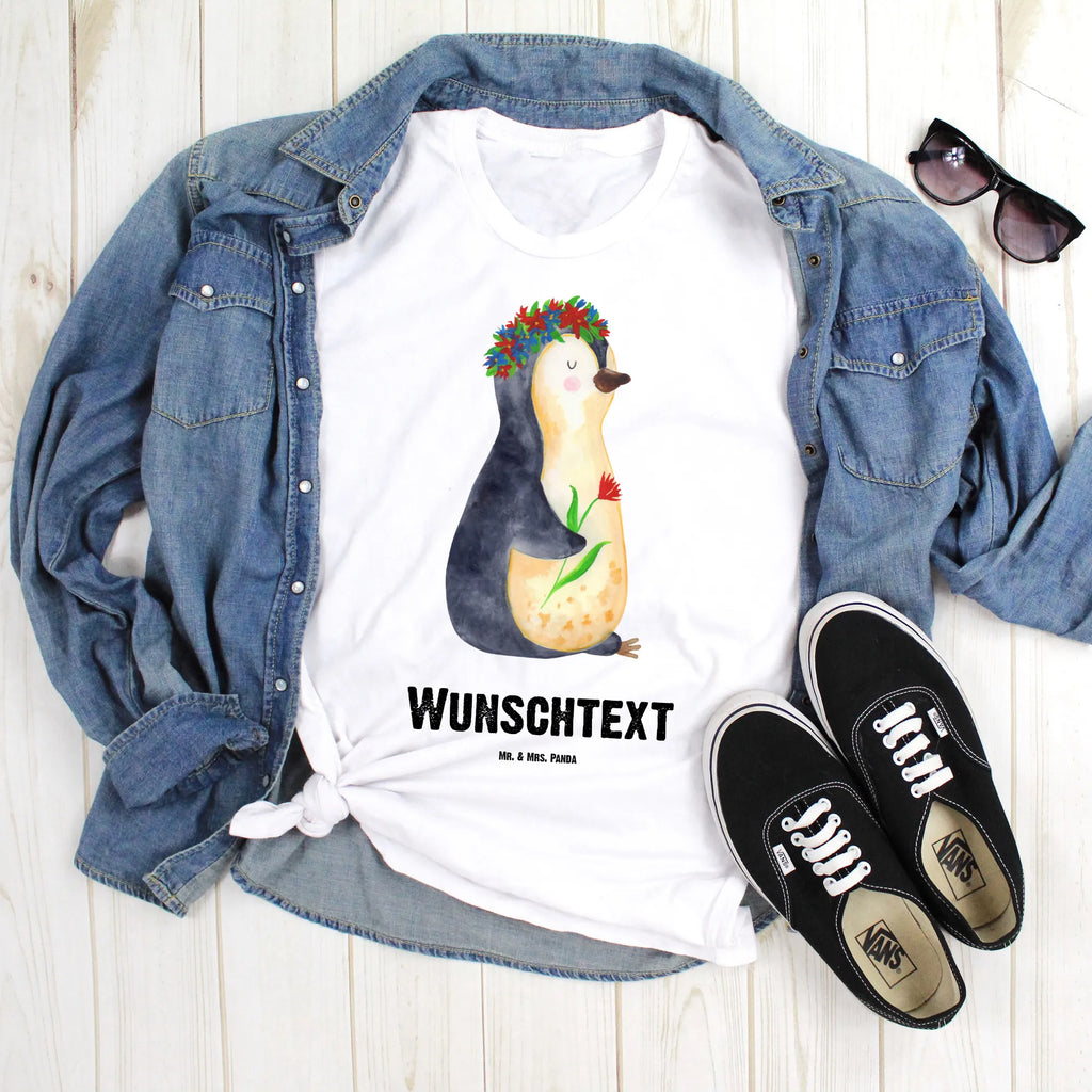 Personalisiertes T-Shirt Pinguin Blumenkranz T-Shirt mit Namen, Frauen, T-Shirt Personalisiert, Männer, T-Shirt mit Aufruck, Wunschtext, Bedrucken, Pinguin, Liebeskummer, Lebenslust, Motivation, Pinguine, Wünsche, Ziele, Geschenkidee, Lebensziele, Blumenkranz, Leben, Universum