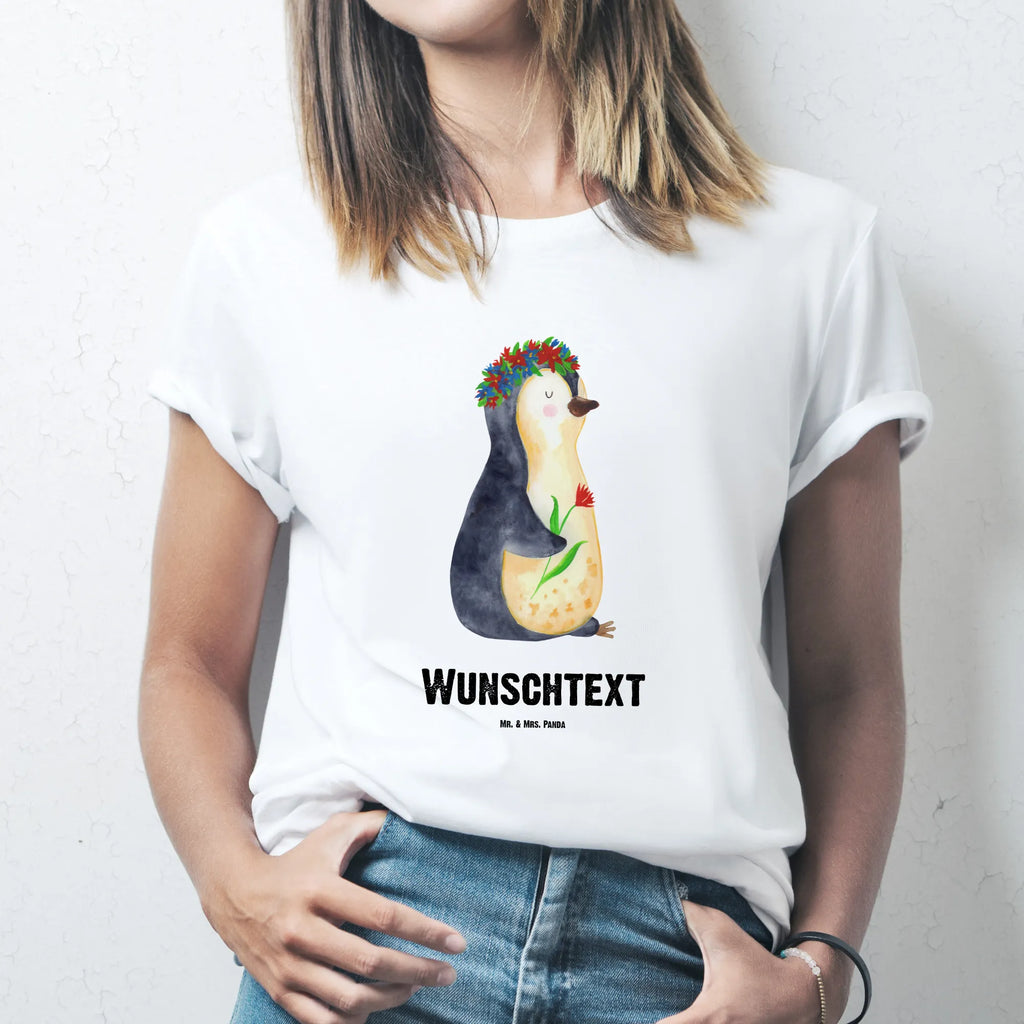 Personalisiertes T-Shirt Pinguin Blumenkranz T-Shirt mit Namen, Frauen, T-Shirt Personalisiert, Männer, T-Shirt mit Aufruck, Wunschtext, Bedrucken, Pinguin, Liebeskummer, Lebenslust, Motivation, Pinguine, Wünsche, Ziele, Geschenkidee, Lebensziele, Blumenkranz, Leben, Universum