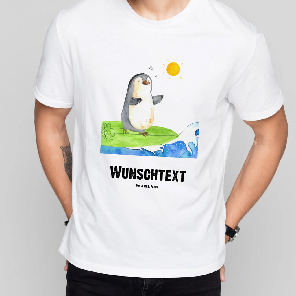 Personalisiertes T-Shirt Pinguin Surfer T-Shirt Personalisiert, Wunschtext, Bedrucken, T-Shirt mit Aufruck, Männer, Frauen, T-Shirt mit Namen, Pinguin, Pinguine, Urlaub, Wellen, Surfer, Portugal, Hawaii, Wellen reiten, surfen