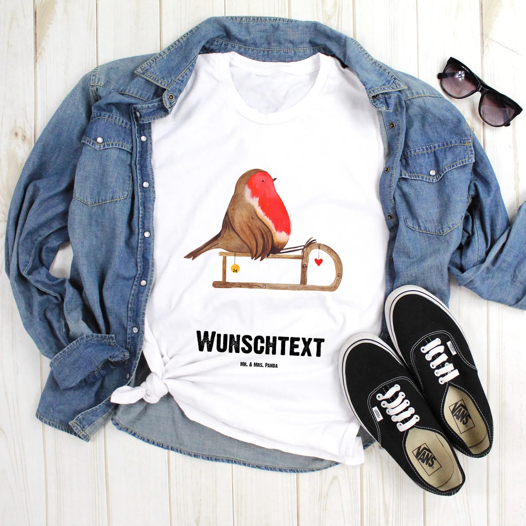 Personalised T-Shirt robin Sleds T-Shirt mit Aufruck, T-Shirt Personalisiert, Wunschtext, Bedrucken, T-Shirt mit Namen, Nikolaus, Weihnachtsdeko, Winter, Heiligabend, Advent, Wintermotiv, Weihnachten, Vogel, Schlitten