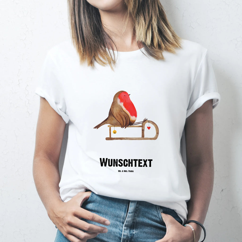 Personalised T-Shirt robin Sleds T-Shirt mit Aufruck, T-Shirt Personalisiert, Wunschtext, Bedrucken, T-Shirt mit Namen, Nikolaus, Weihnachtsdeko, Winter, Heiligabend, Advent, Wintermotiv, Weihnachten, Vogel, Schlitten