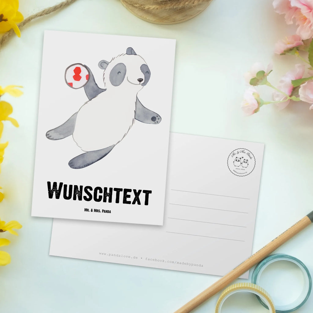 Personalisierte Postkarte Panda Handball spielen Postkarte mit Wunschtext, Karte mit Wunschtext, Ansichtskarte mit Namen, Einladung mit Wunschtext, Grußkarte mit Wunschtext, Geschenkkarte mit Namen, Postkarte mit Namen, Ansichtskarte mit Wunschtext, Einladung mit Namen, Geschenkkarte mit Wunschtext, Karte mit Namen, Postkarte personalisierbar, Postkarte bedrucken, Grußkarte mit Namen, Geschenk, Sport, Sportart, Hobby, Schenken, Danke, Dankeschön, Auszeichnung, Gewinn, Sportler, Handball Verein, Handball Club, Handball spielen, Handball Turnier