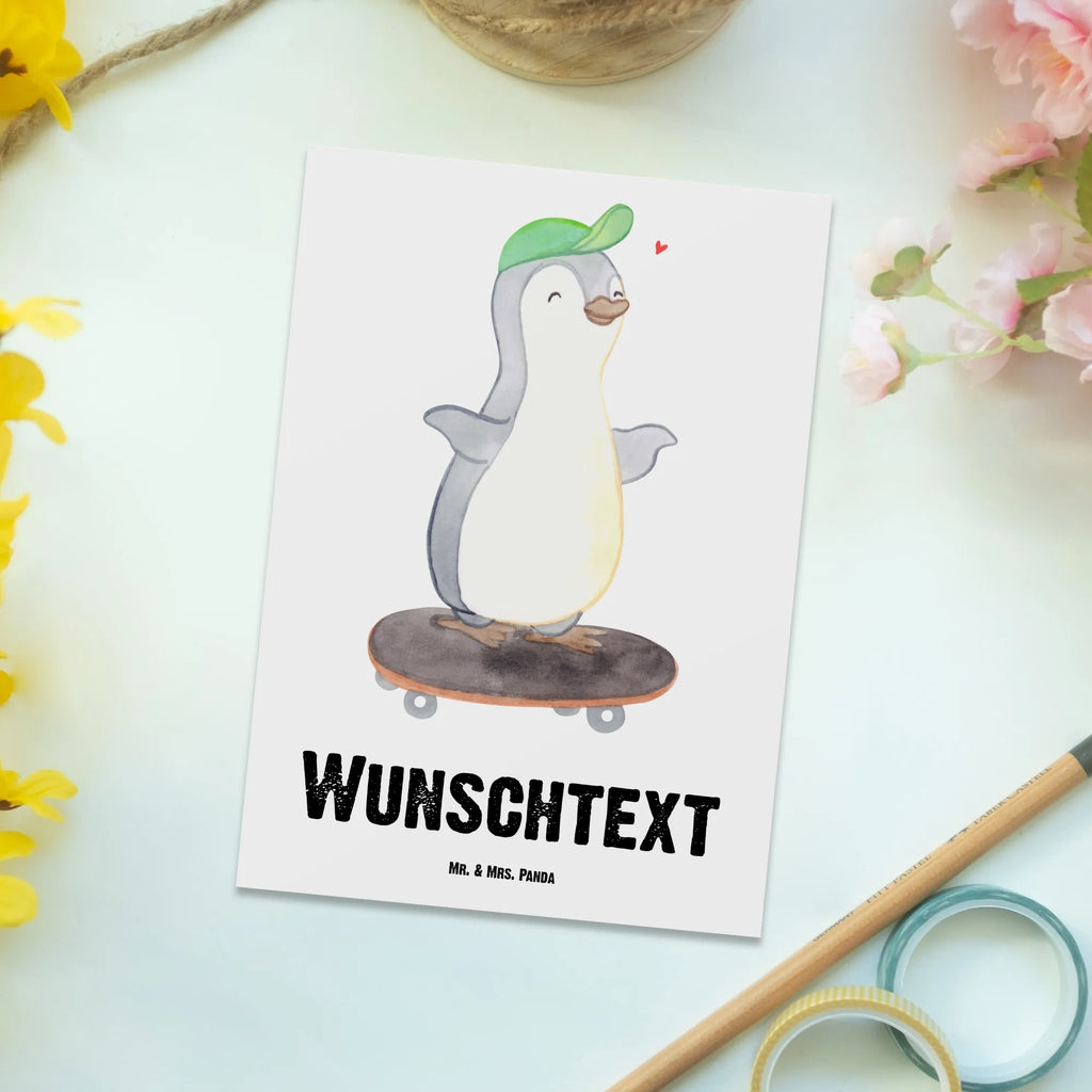 Personalisierte Postkarte Pinguin Skateboarden Postkarte mit Wunschtext, Grußkarte mit Wunschtext, Geschenkkarte mit Wunschtext, Grußkarte mit Namen, Einladung mit Namen, Karte mit Namen, Postkarte Bedrucken, Einladung mit Wunschtext, Ansichtskarte mit Namen, Postkarte Personalisierbar, Postkarte mit Namen, Karte mit Wunschtext, Ansichtskarte mit Wunschtext, Geschenkkarte mit Namen, Geschenk, Schenken, Sport, Sportart, Hobby, Danke, Dankeschön, Auszeichnung, Gewinn, Sportler, Skateboard, Skateboard fahren, Skateplatz, Skaten, Skateboarden