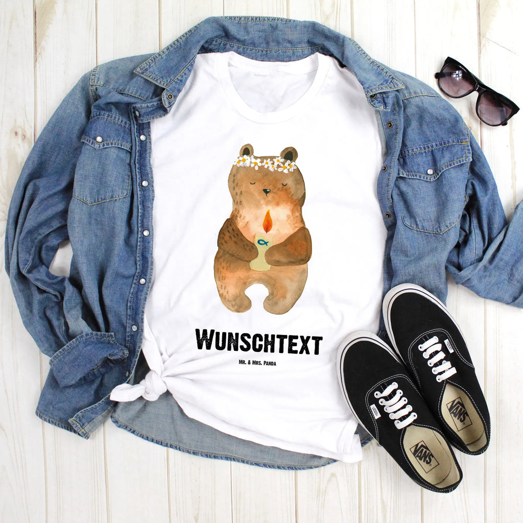 Rozmiar L Personalizowana koszulka Niedźwiedź Komunia T-Shirt Personalisiert, T-Shirt mit Namen, Frauen, Wunschtext, Männer, T-Shirt mit Aufruck, Bedrucken, Teddybär, Teddy, Bär, Taufkerze, Gottes Segen, katholisch, Kommunion