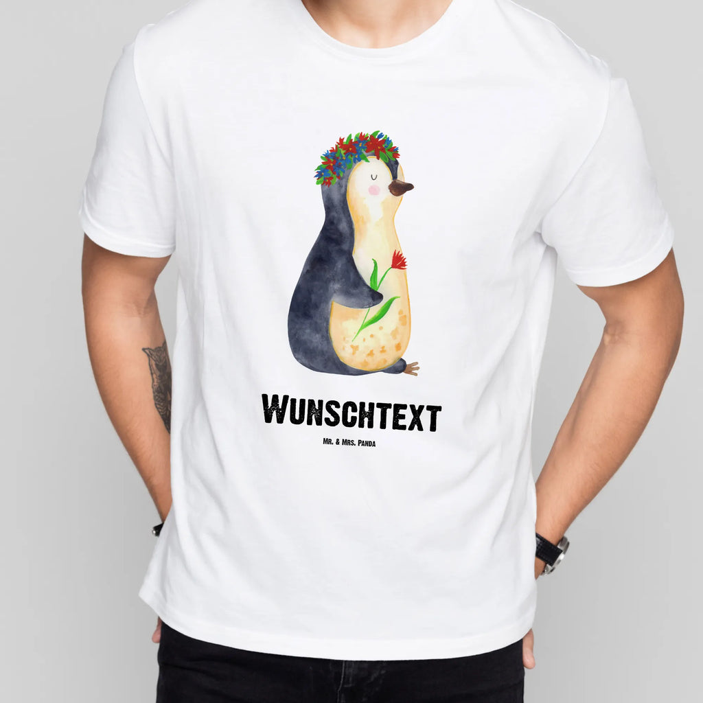 Personalisiertes T-Shirt Pinguin Blumenkranz T-Shirt mit Namen, Frauen, T-Shirt Personalisiert, Männer, T-Shirt mit Aufruck, Wunschtext, Bedrucken, Pinguin, Liebeskummer, Lebenslust, Motivation, Pinguine, Wünsche, Ziele, Geschenkidee, Lebensziele, Blumenkranz, Leben, Universum