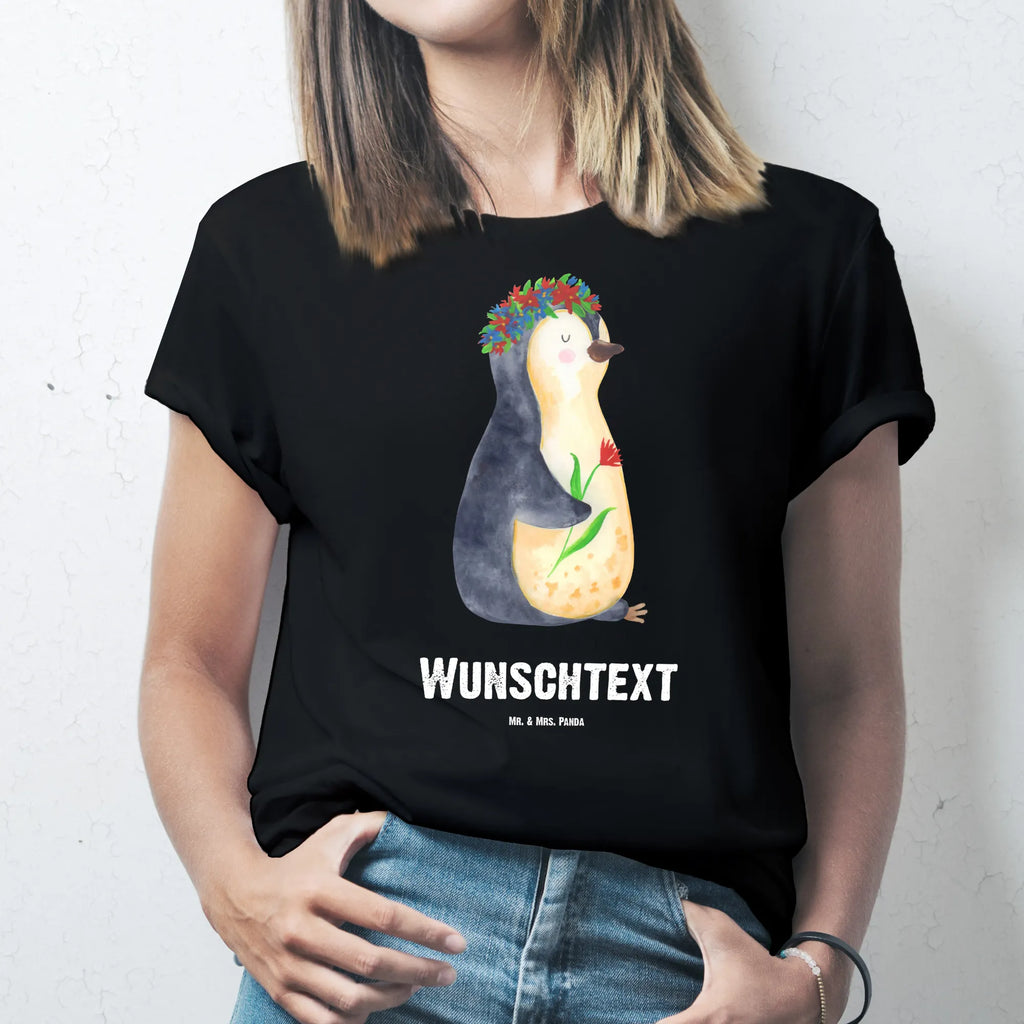 Personalisiertes T-Shirt Pinguin Blumenkranz T-Shirt mit Namen, Frauen, T-Shirt Personalisiert, Männer, T-Shirt mit Aufruck, Wunschtext, Bedrucken, Pinguin, Liebeskummer, Lebenslust, Motivation, Pinguine, Wünsche, Ziele, Geschenkidee, Lebensziele, Blumenkranz, Leben, Universum