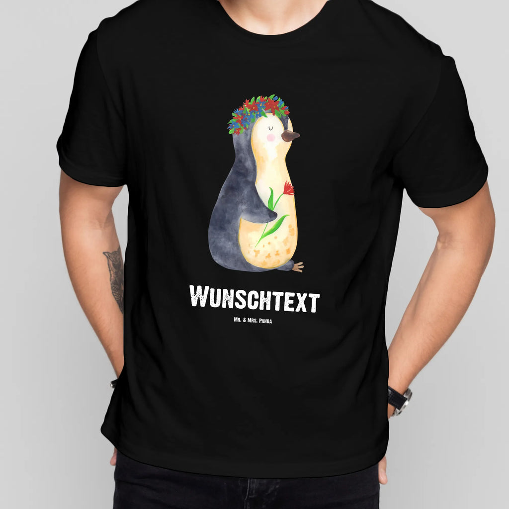 Personalisiertes T-Shirt Pinguin Blumenkranz T-Shirt mit Namen, Frauen, T-Shirt Personalisiert, Männer, T-Shirt mit Aufruck, Wunschtext, Bedrucken, Pinguin, Liebeskummer, Lebenslust, Motivation, Pinguine, Wünsche, Ziele, Geschenkidee, Lebensziele, Blumenkranz, Leben, Universum