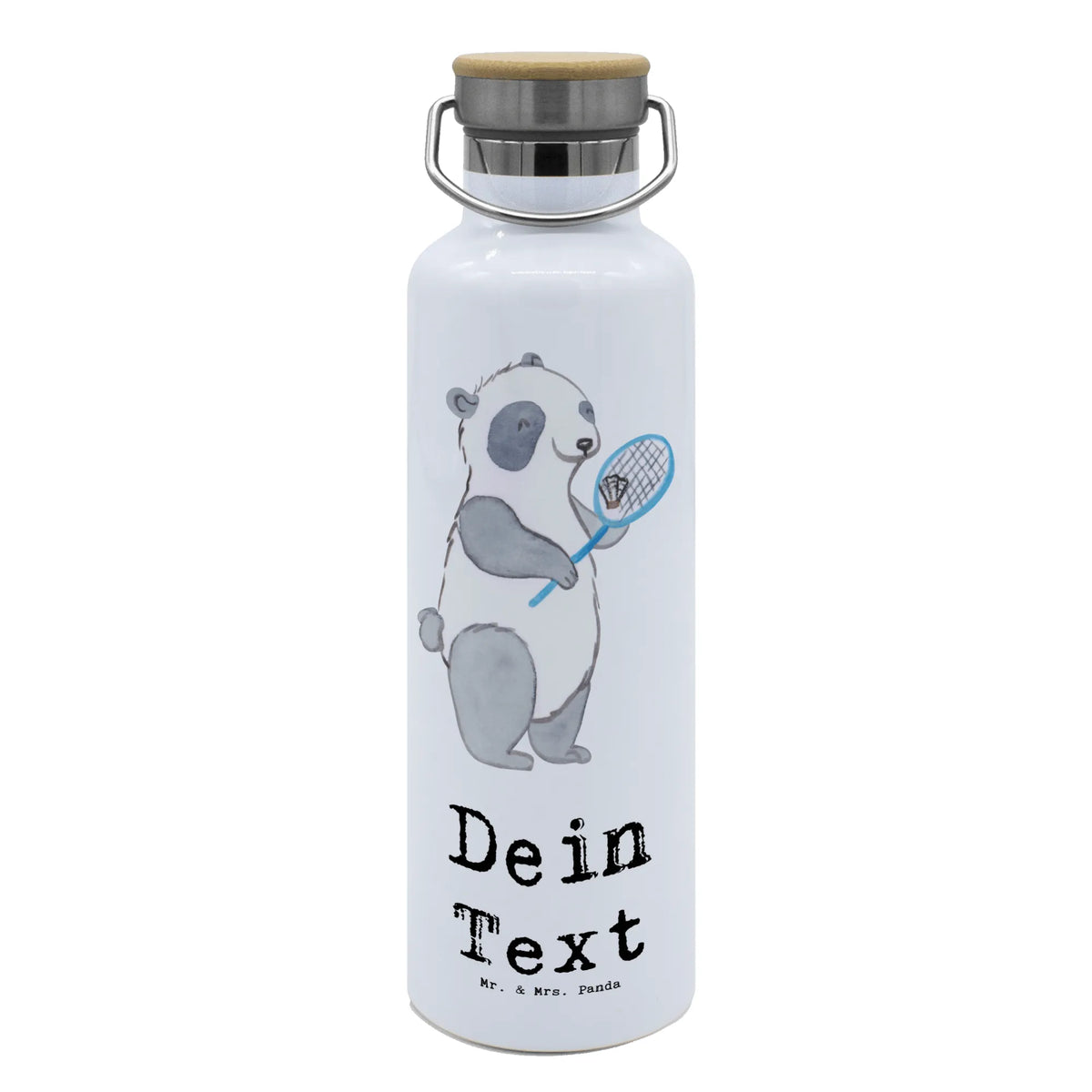 Personalised drinks bottle panda badminton Gift, sport, hobby, giving, thank you, award, profit, athlete, Badminton, play badminton