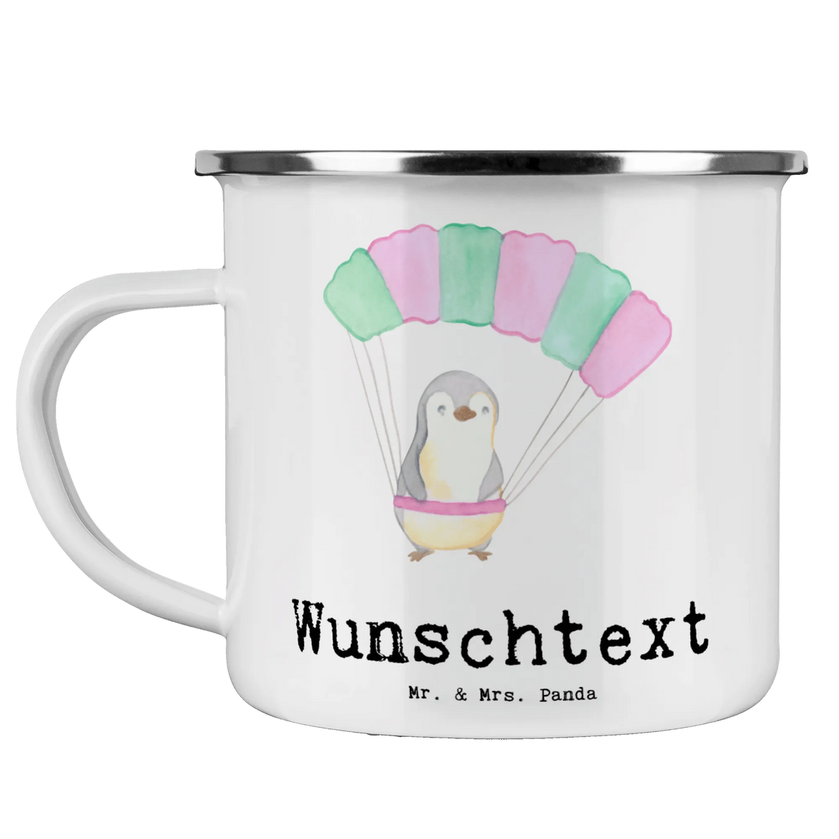 Personalised enamel cup penguin parachute jump Gift, sport, hobby, giving, thank you, award, profit, athlete, skydive, Skydiving, parachute jump