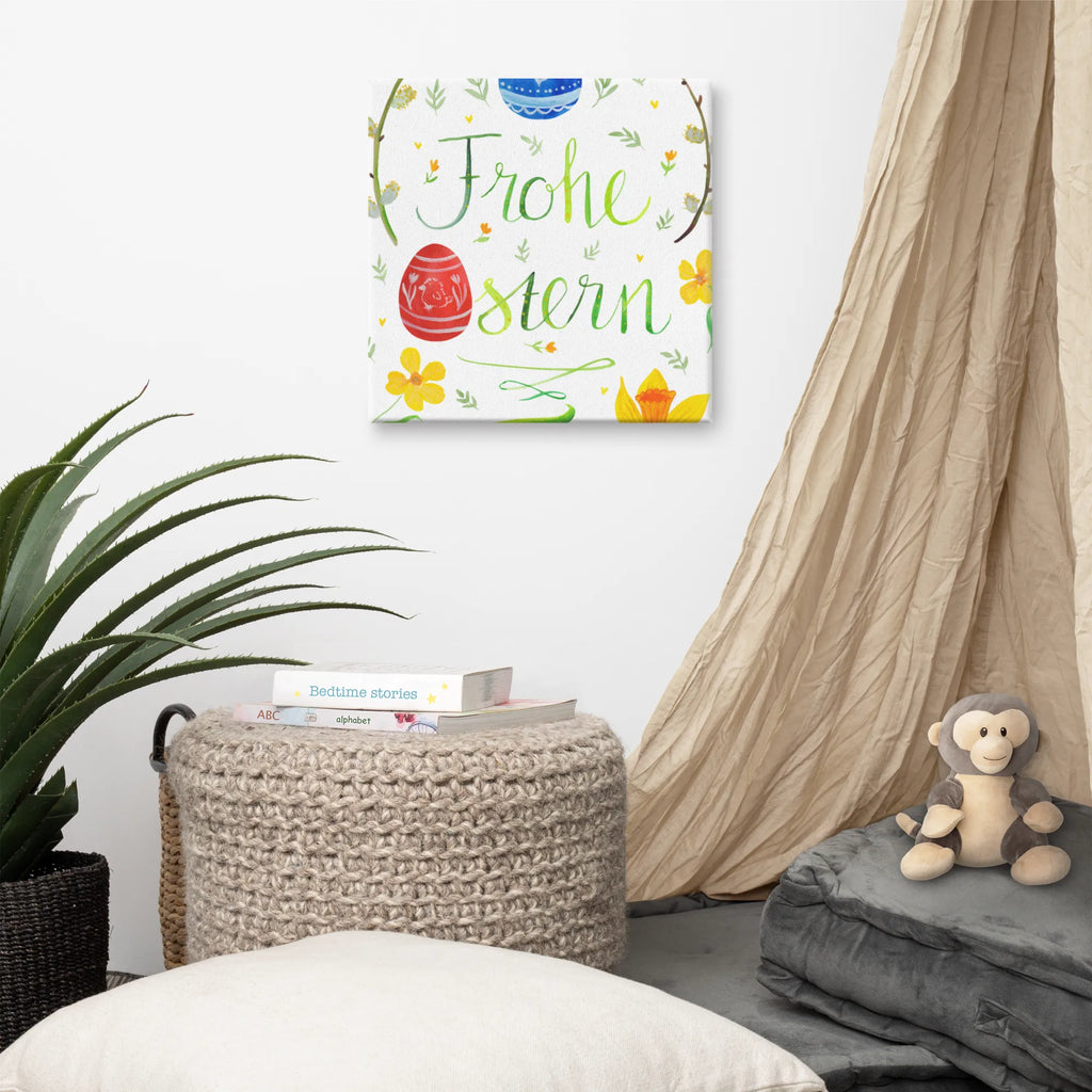 Leinwand Bild Frohe Ostern Wanddeko, Dekoration, Bild, Leinwand, Kunstdruck, Ostern, Osterhase, Ostergeschenke, Osternest, Osterdeko, Geschenke zu Ostern, Ostern Geschenk, Ostergeschenke Kinder, Ostern Kinder, Osterei, bemalte Ostereier, Frohe Ostern, Osterblume, Weidenkätzchen. Lettering, Ostergrüße
