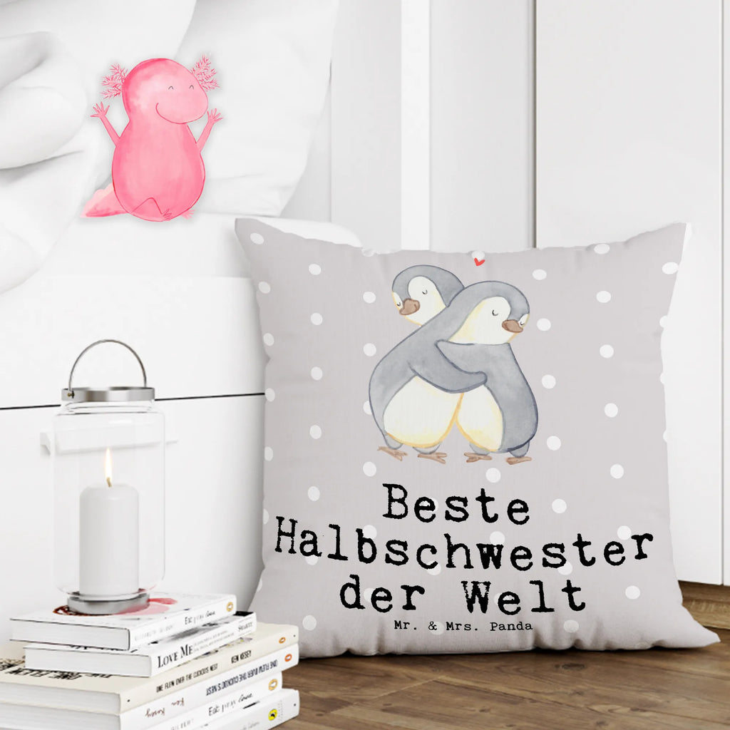 Cushion penguin Best Half Sister in the World pad, settee, pillow case, couch, sofa, 40x40, Pillow, 40 x 40, fluffy, bed, cushion, soft, pillows, bedroom, for, thank you, gift, giving, birthday, birthday present, gift idea, souvenir, make you happy, gift tip, Family, Love, Sister, Step Sister, Sibling, Children, Half Sister, Daughter, Trifle, Gift, Step Sibling, Best