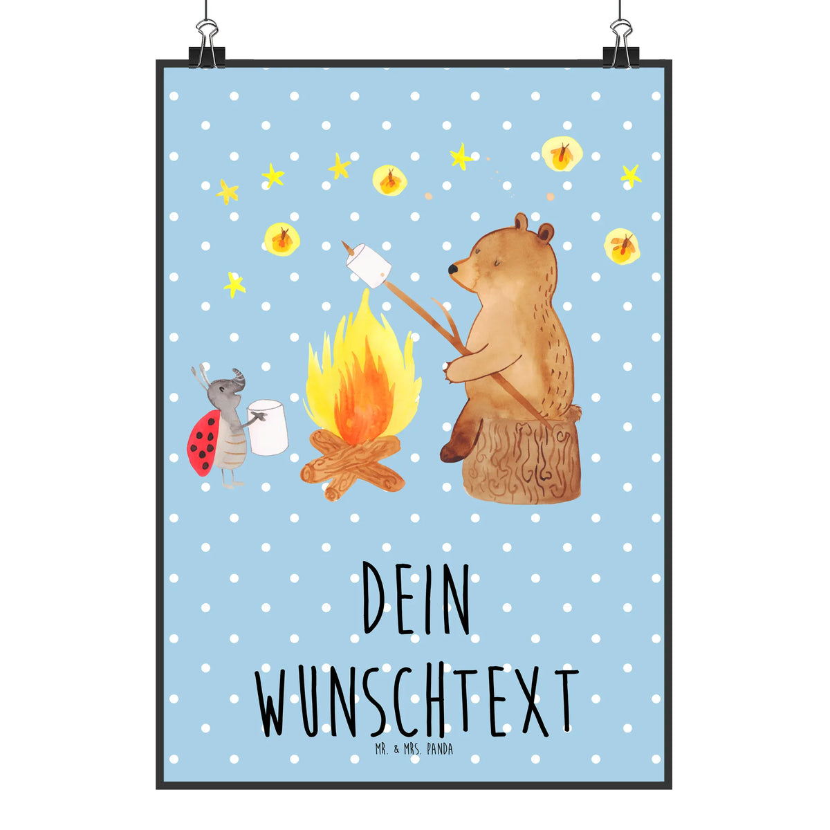 Personalised poster Bear & Ladybird campfire teddy bear, cuddly toy, Campfire