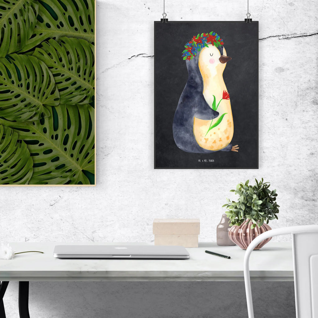 Poster Penguin Flower Wanddekoration, plakat, Handgemaltes Poster, Wanddeko Bild, Raumdekoration, Wanddeko, Deko Bild, großes poster, Kinderposter, Küchenposter, Wandposter, schlafzimmer poster, Poster, kinderzimmer poster, Mr. & Mrs. Panda Poster, Posterdruck, Kunstdruck, bild für wand, Bild, poster sprüche, Wandbild, Designposter, Pinguin, Pinguine, Liebeskummer, Leben, Lebensziele, Lebenslust, Blumenkranz, Universum, Geschenkidee, Ziele, Motivation, Wünsche