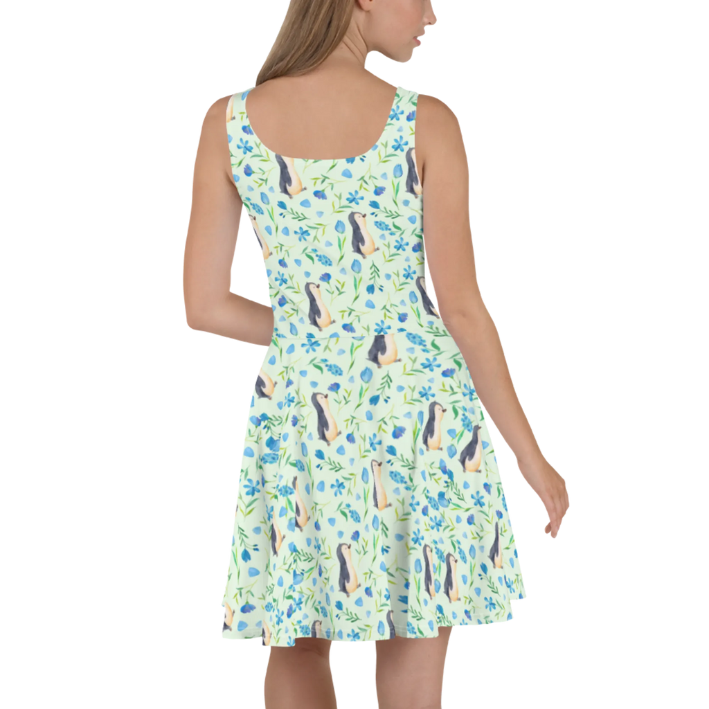 Sommerkleid Pinguinliebe Design Kleid, Sommerkleid, Skaterkleid, Aquarell, Blumen, Muster, Pinguine, Pinguin, Blaue Blumen