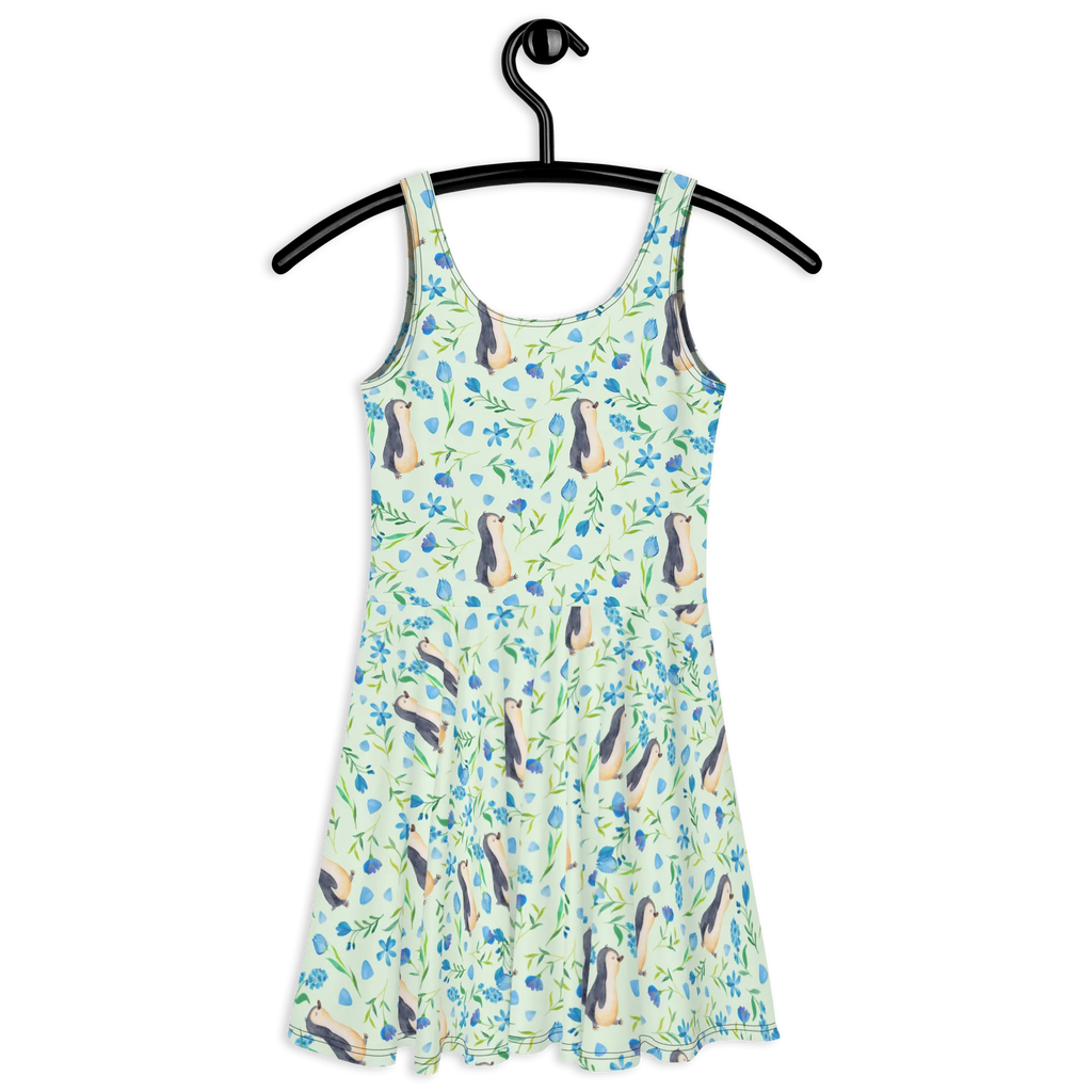 Sommerkleid Pinguinliebe Design Kleid, Sommerkleid, Skaterkleid, Aquarell, Blumen, Muster, Pinguine, Pinguin, Blaue Blumen